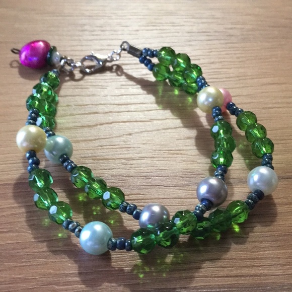 Double Strand Ladies Beaded Bracelet, Green Beaded Ladies Bracelet with Pearls - Picture 6 of 7